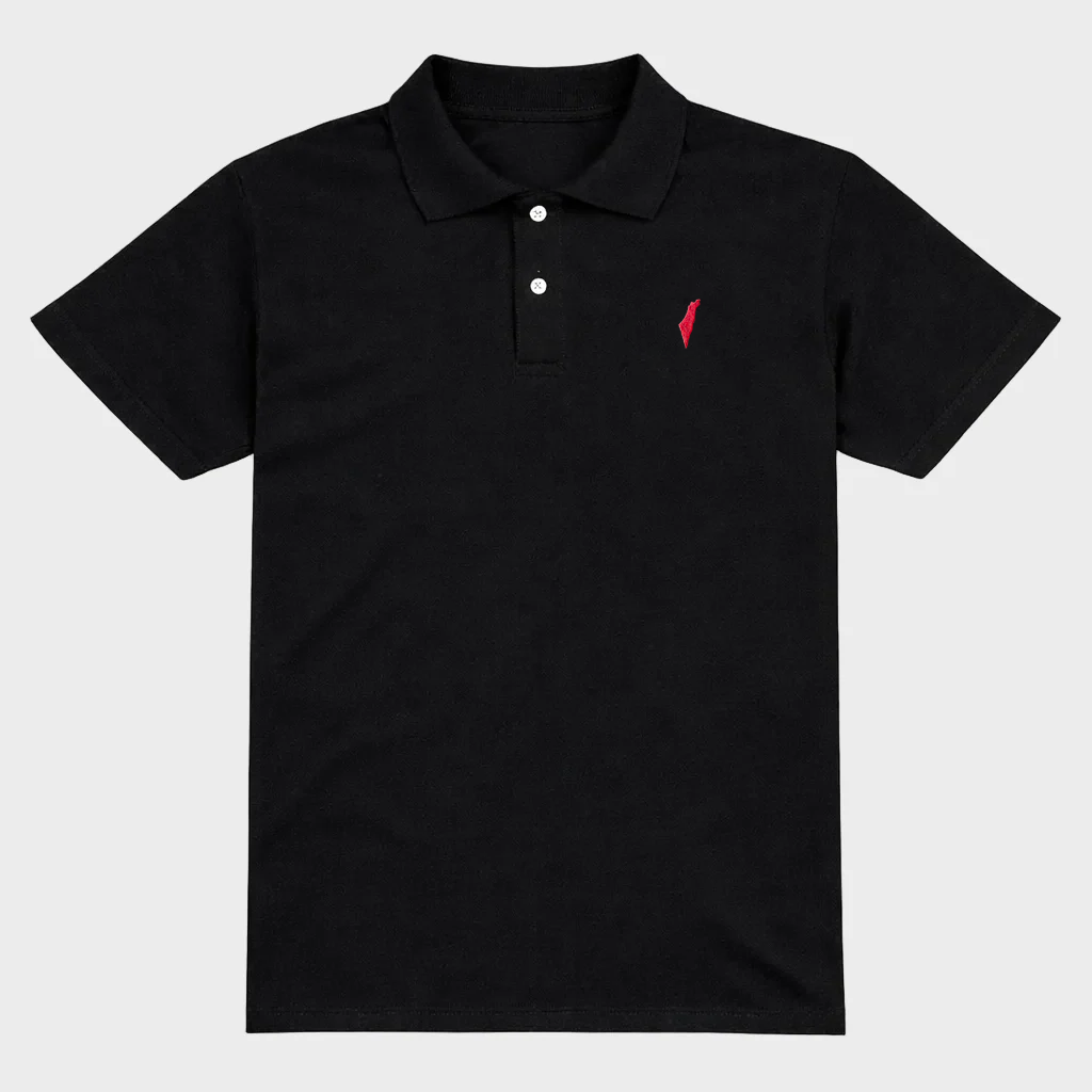 Black polo shirt with a small red israel logo on a white background