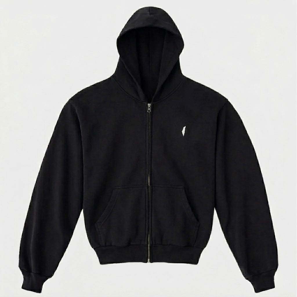 Black hoodie with a small Israel logo on a light gray background