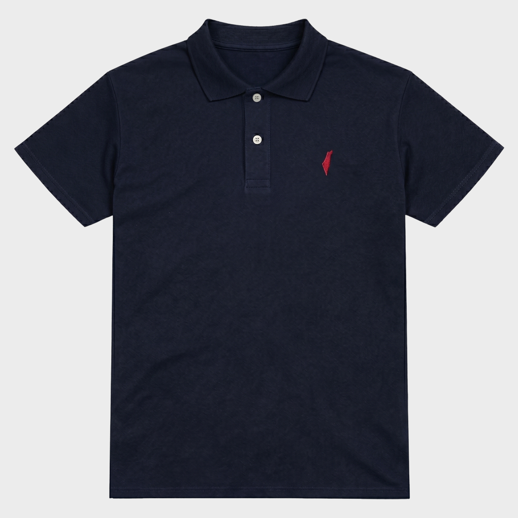 Navy blue polo shirt with a small red Israel logo on a light gray background