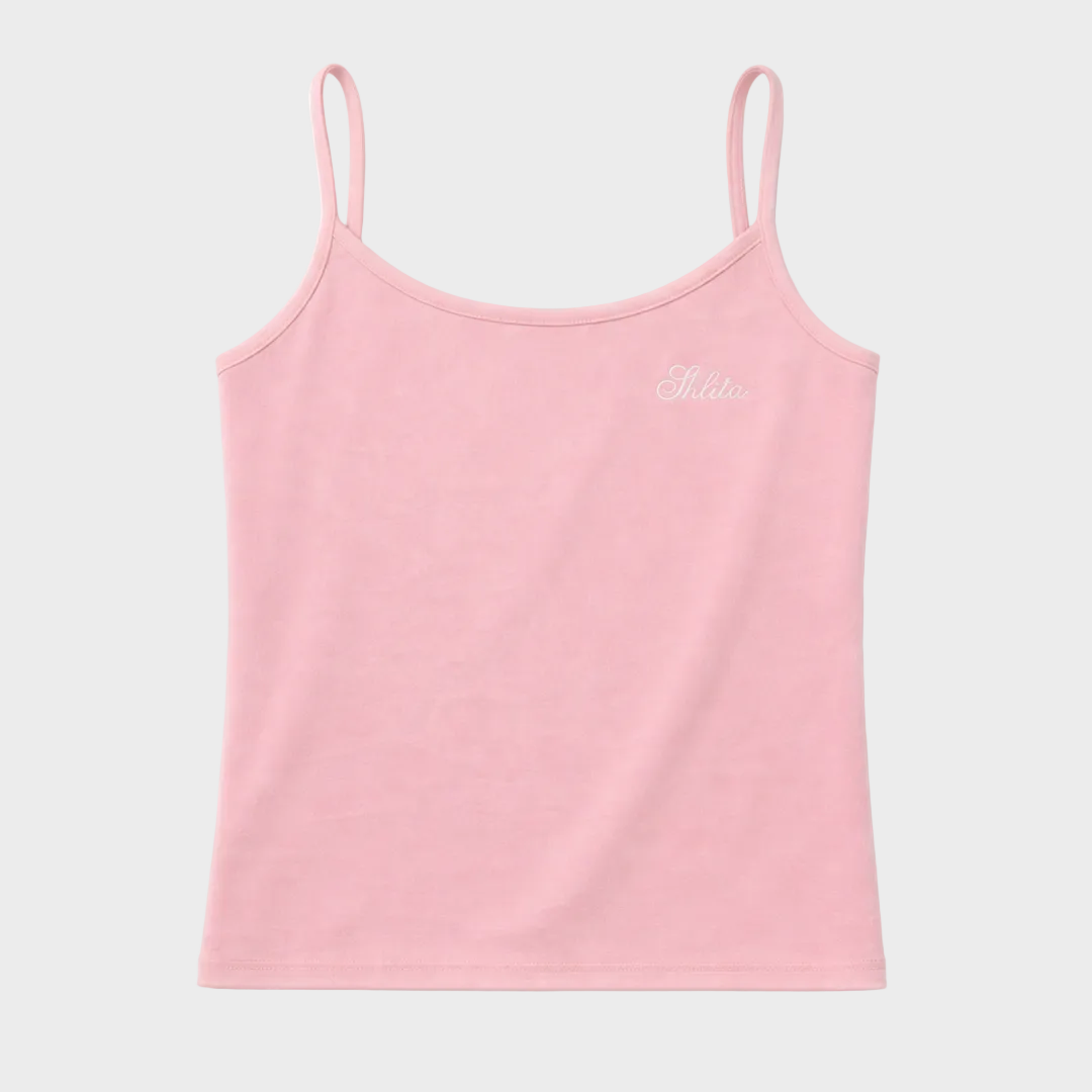Pink tank top with 'Shlita' text on a white background