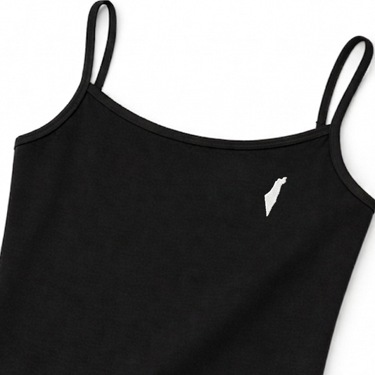 Black tank top with thin straps and an Israel logo on a white background