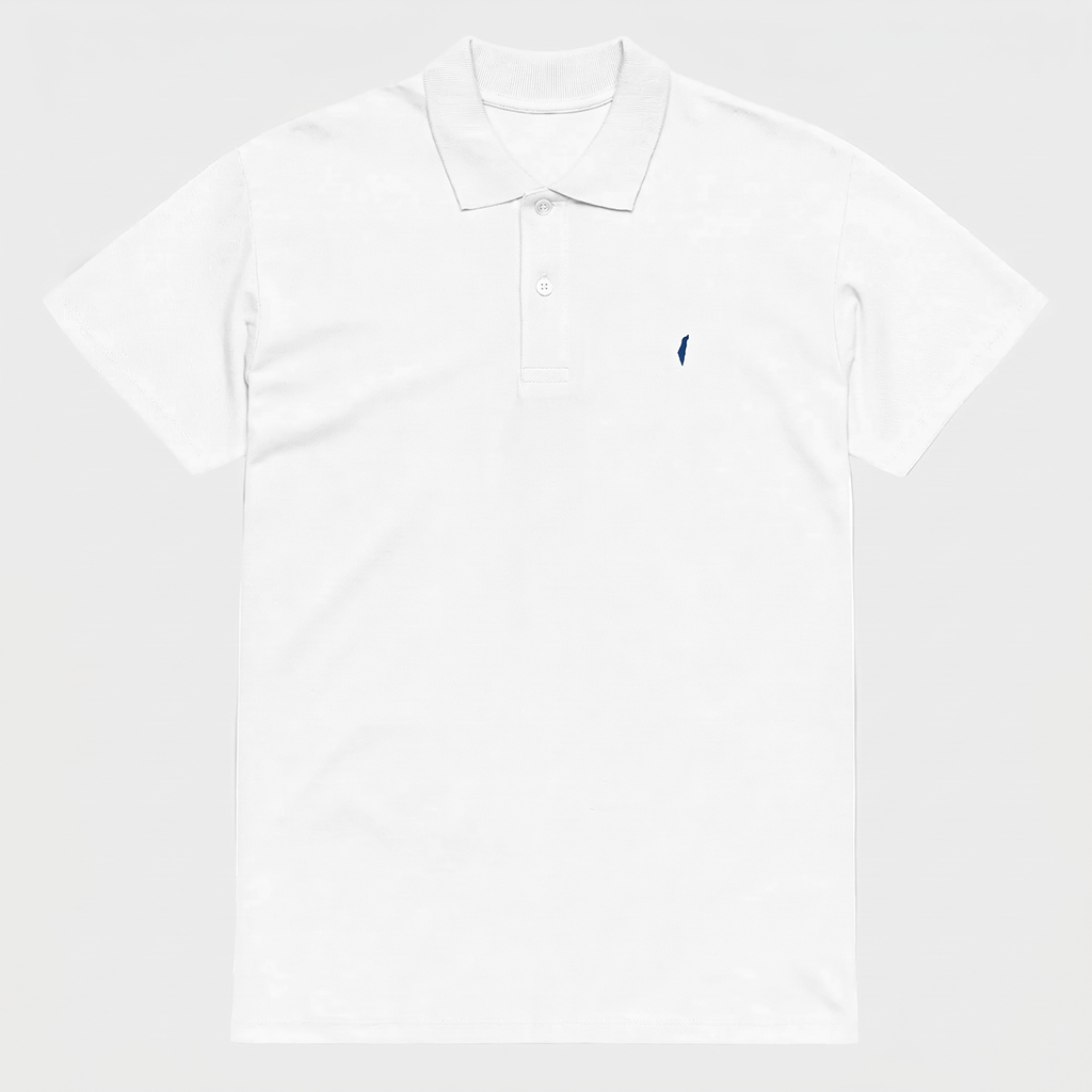 White polo shirt with a small Israel logo on a light gray background