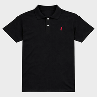 Black polo shirt with a small red israel logo on a white background