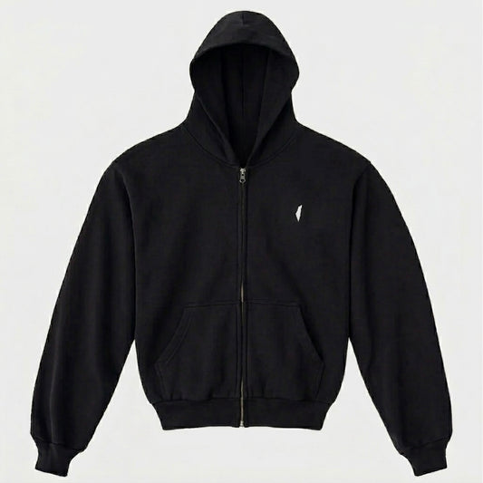 Black hoodie with a small Israel logo on a light gray background