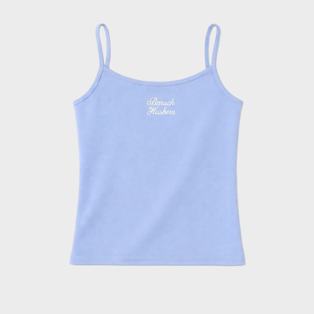 Light blue tank top with 'Baruch Hashem' text on a white background