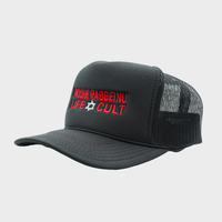 Black cap with red text and a star design on a light gray background