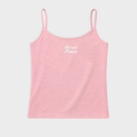 Pink tank top with baruch hashem script text on a white background