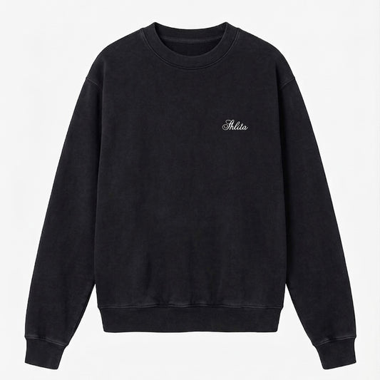 Black sweatshirt with white Shlita branding on a light gray background