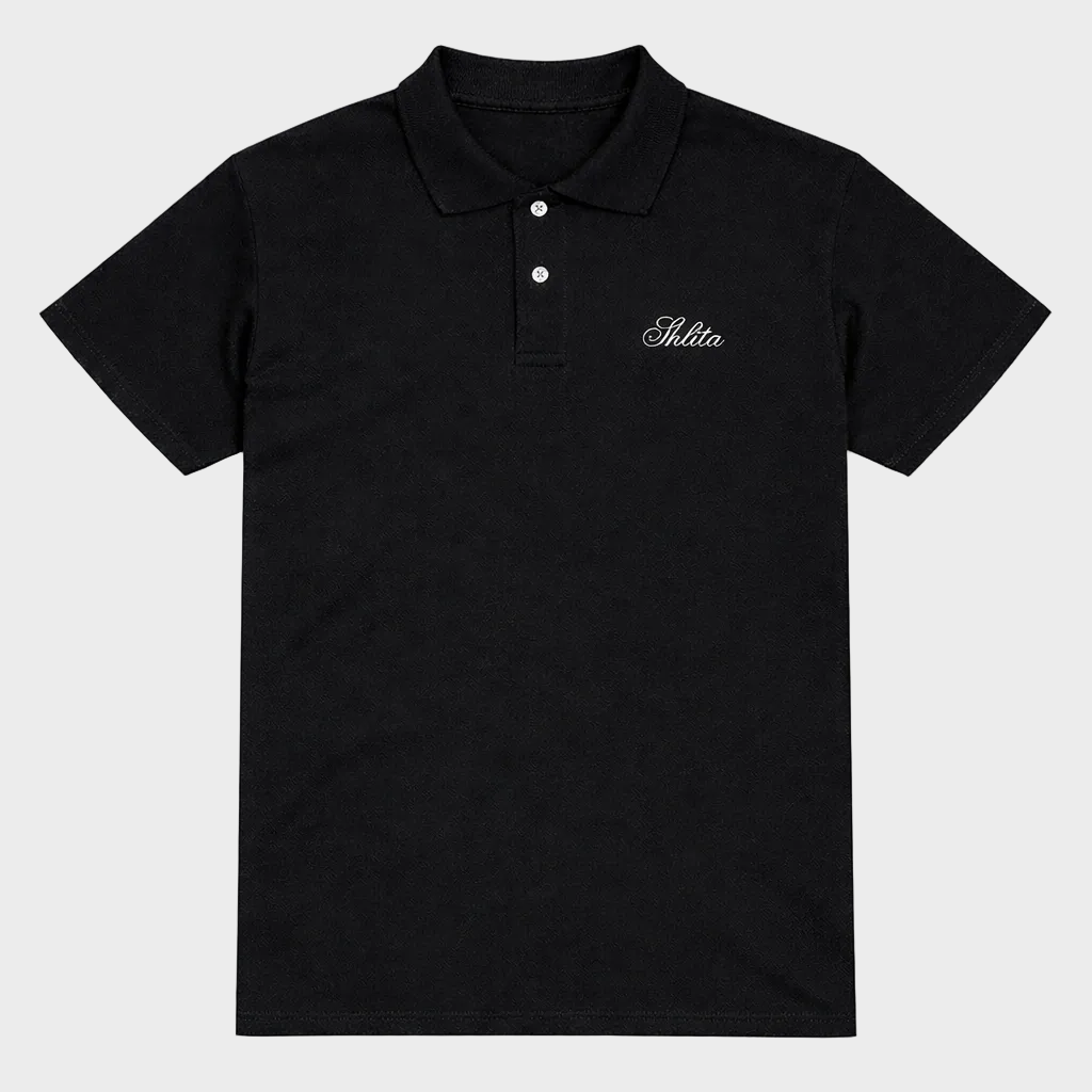 Black polo shirt with white Shlita text on a white background