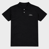 Black polo shirt with white Shlita text on a white background