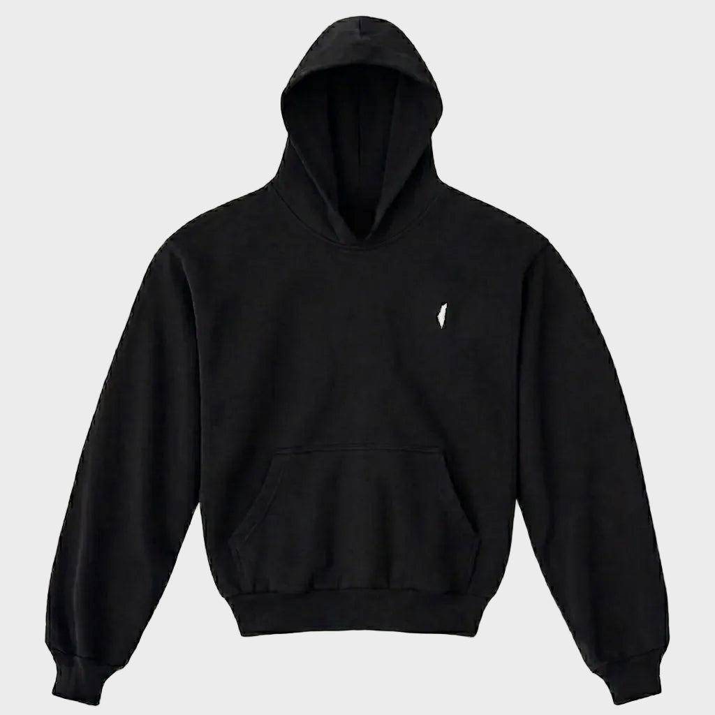 Black hoodie with a small logo on a light gray background