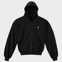 Black hoodie with a small logo on a light gray background