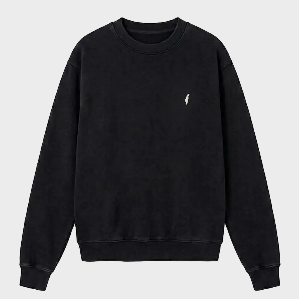 Black sweatshirt with a small white Israel logo on a light gray background