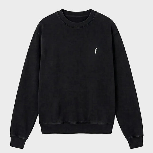 Black sweatshirt with a small white Israel logo on a light gray background