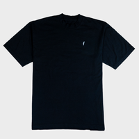 Black t-shirt with a small white logo on a light gray background
