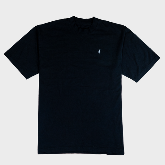 Black t-shirt with a small white logo on a light gray background