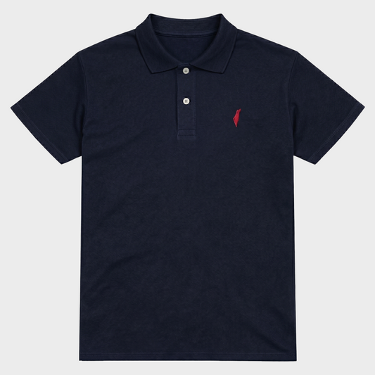 Navy blue polo shirt with a small red Israel logo on a light gray background