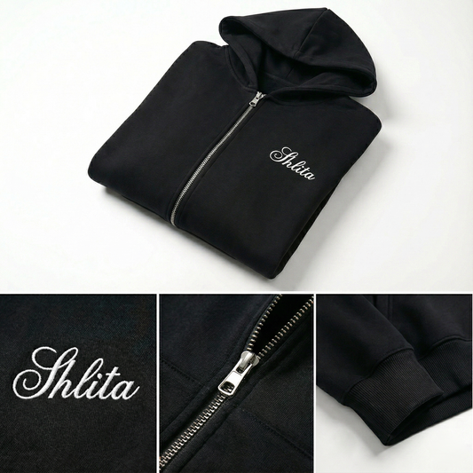 Black hoodie with 'Shlita' branding on a white background