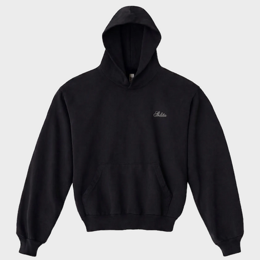 Black hoodie with a small Shlita logo on a light gray background