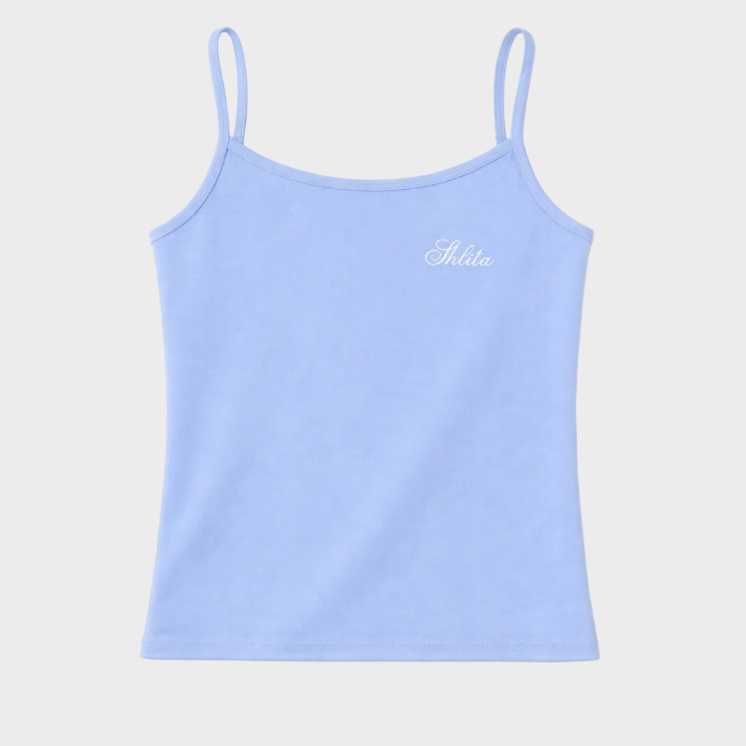 Light blue tank top with 'Shlita' branding on a white background