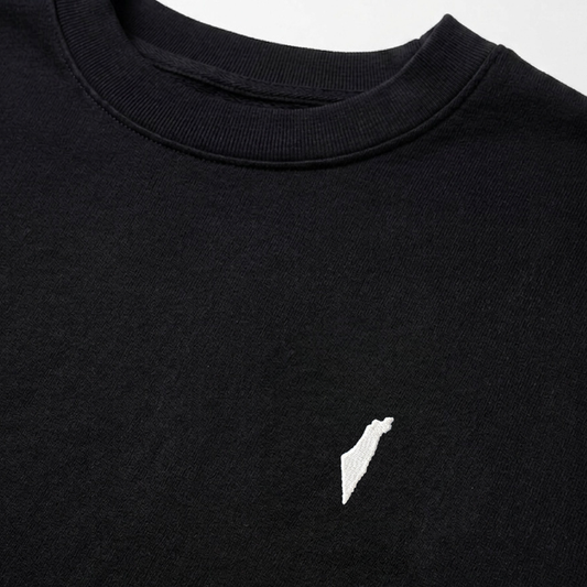 Black sweatshirt with a small white Israel logo on a white background