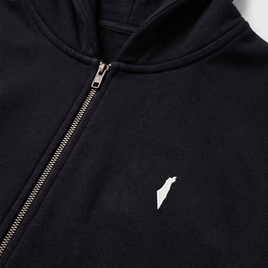 Black hoodie with a small white Israel logo on the chest