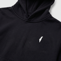 Black hoodie with a small white israel logo on a light gray background