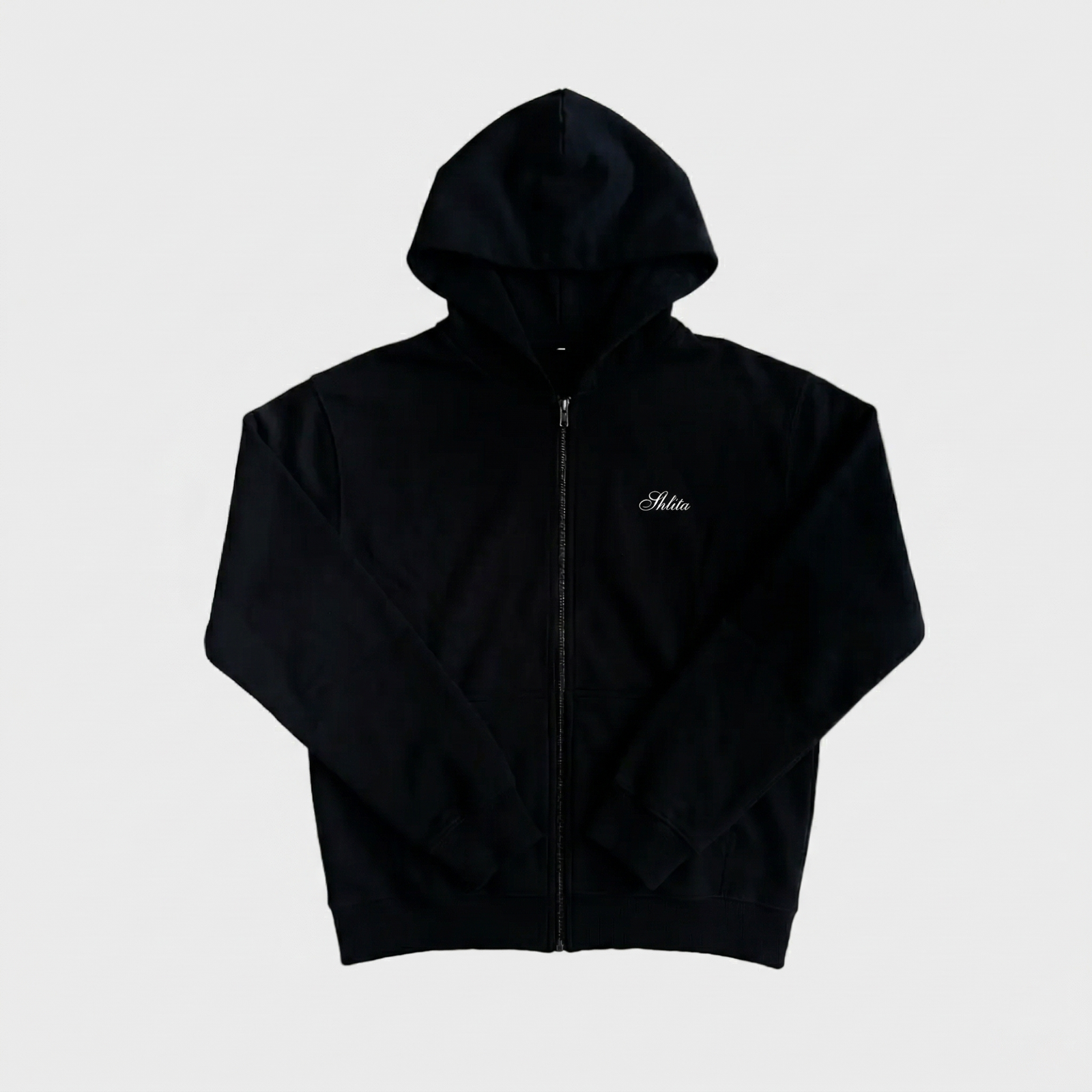 Black hoodie with a brand logo on a light gray background