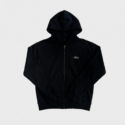 Black hoodie with a brand logo on a light gray background