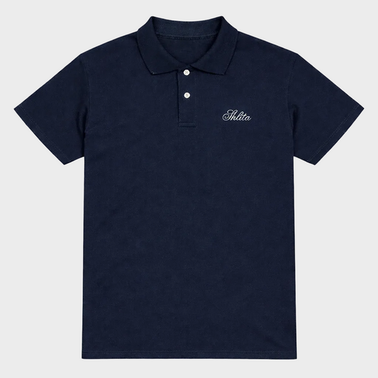 Navy blue polo shirt with Shlita logo on a white background