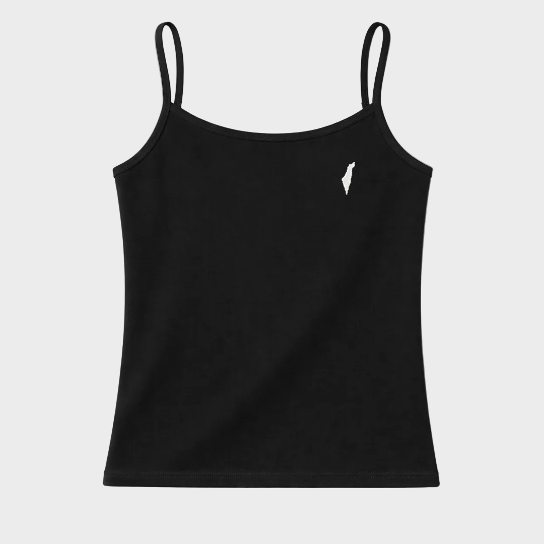 Black tank top with thin straps and an Israel logo on a white background