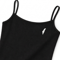 Black tank top with thin straps and an Israel logo on a white background