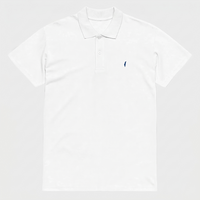 White polo shirt with a small Israel logo on a light gray background
