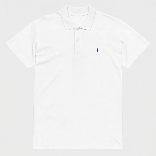 White polo shirt with a small Israel logo on a light gray background
